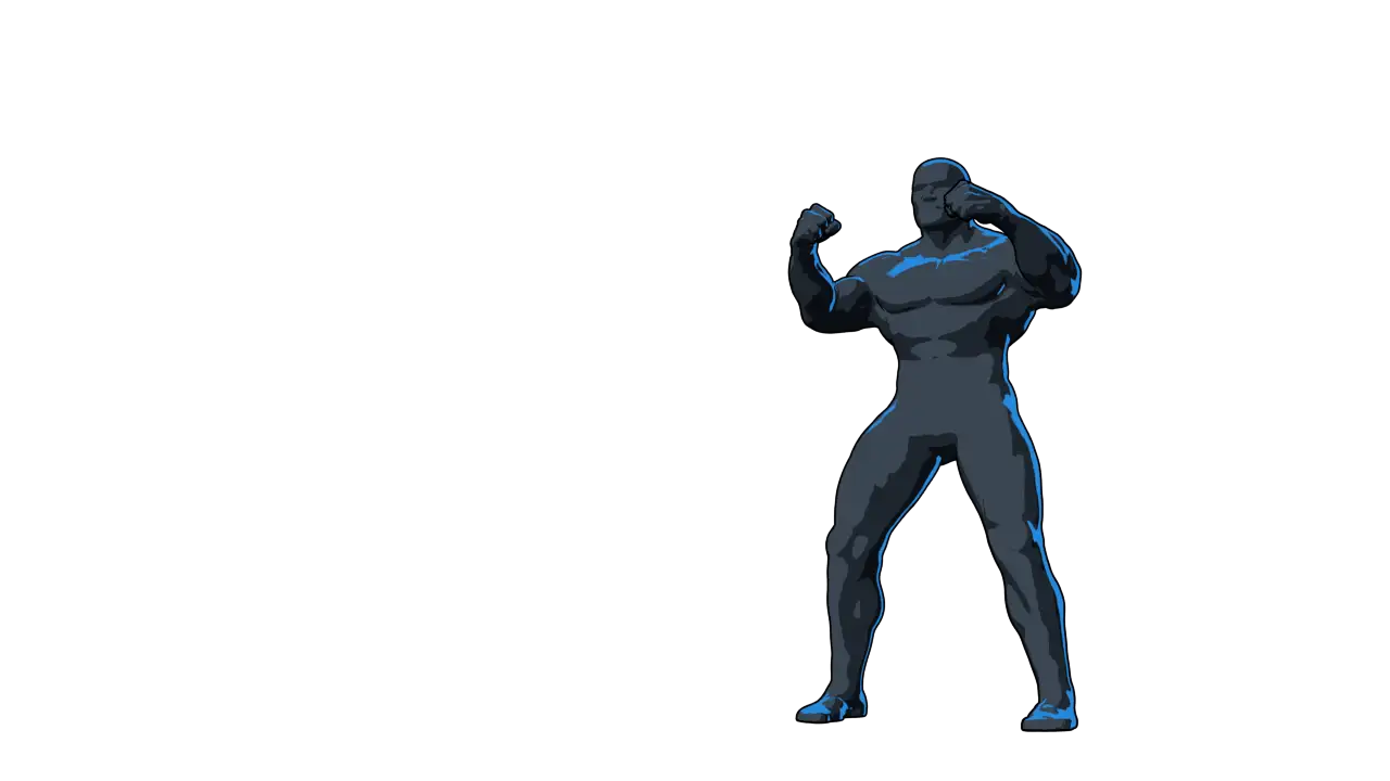 EQ 1 Fighting Dummy. The dummy in silhouette from a low angle, outlined in blue light.