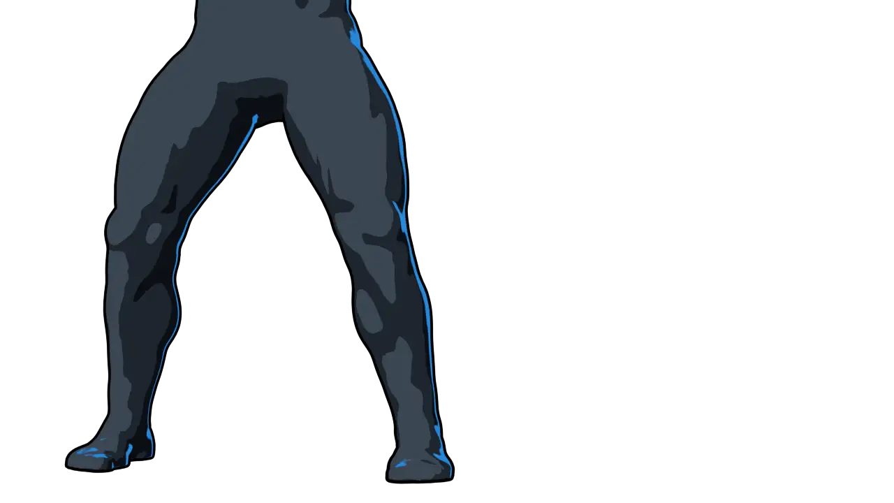 EQ 1 Fighting Dummy. From low in front: the legs and feet, set wide in a fighting stance.